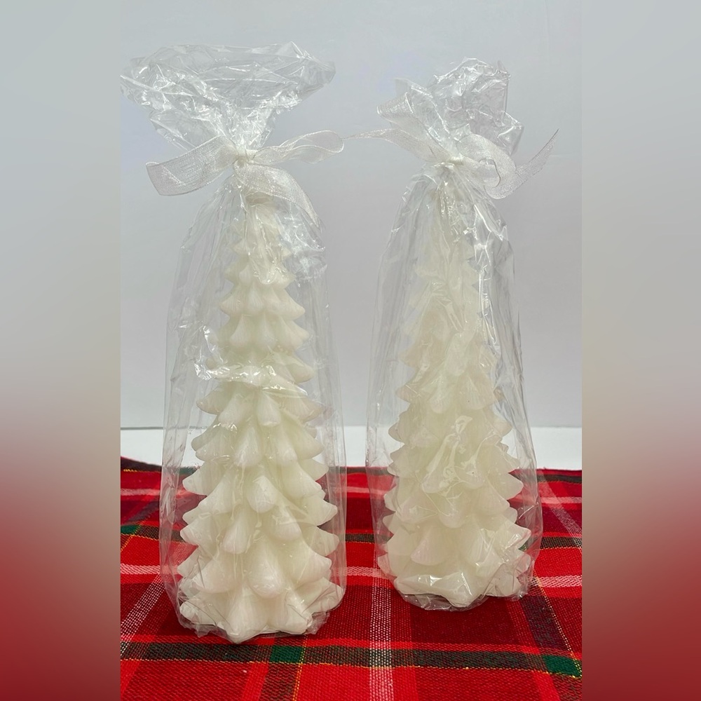 Christmas Tree Shaped Candles - White, Set Of 2 - 7 Inch - Unscented, Wrapped